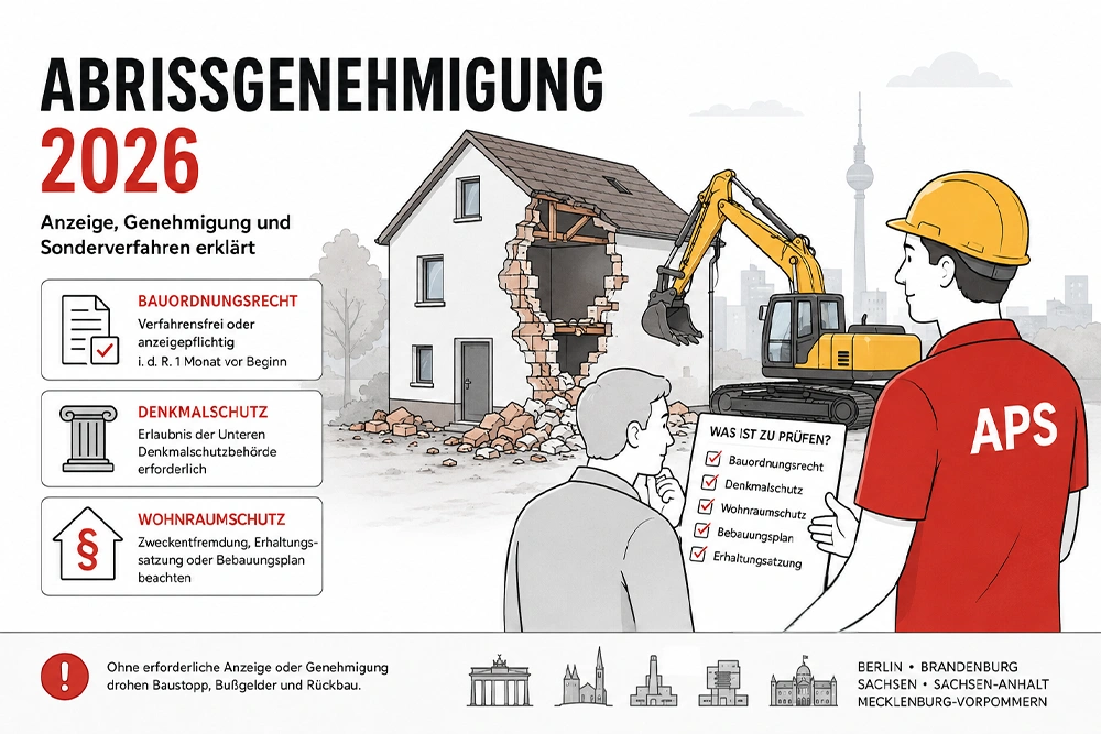 Abrissgenehmigung 2026 mit APS Fachberater, Hausabriss und Prüfung von Anzeige, Denkmalschutz und Wohnraum